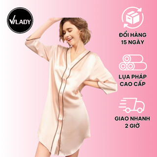 Váy Ngủ Vilady Lụa Pháp Cổ Chữ V Tay Lỡ Phối Viền Màu San Hô Thiết Kế Basic Nhẹ Nhàng