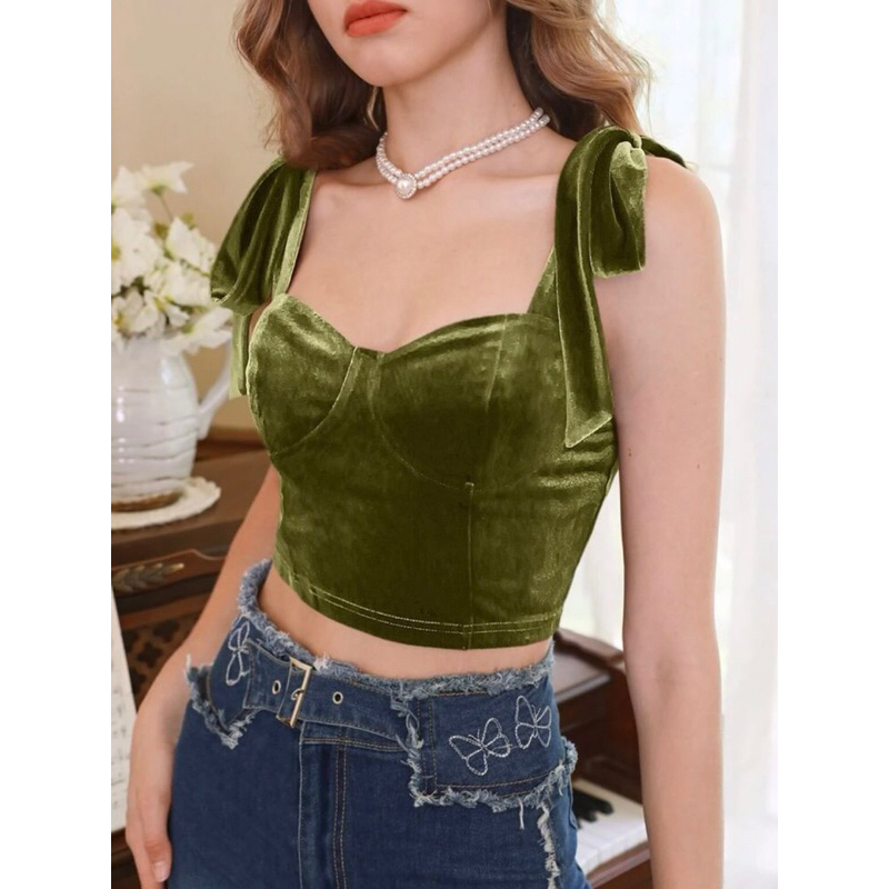 Áo nhung croptop buộc dây nơ