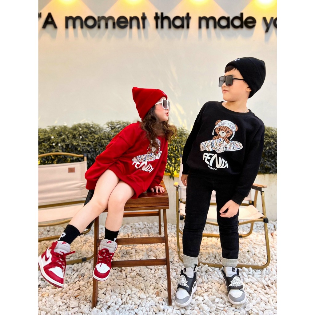 Áo nỉ cổ tròn cho bé hình gấu phen đì lướt ván, áo nỉ sweater thu đông cho bé,TP KIDS,[M543]
