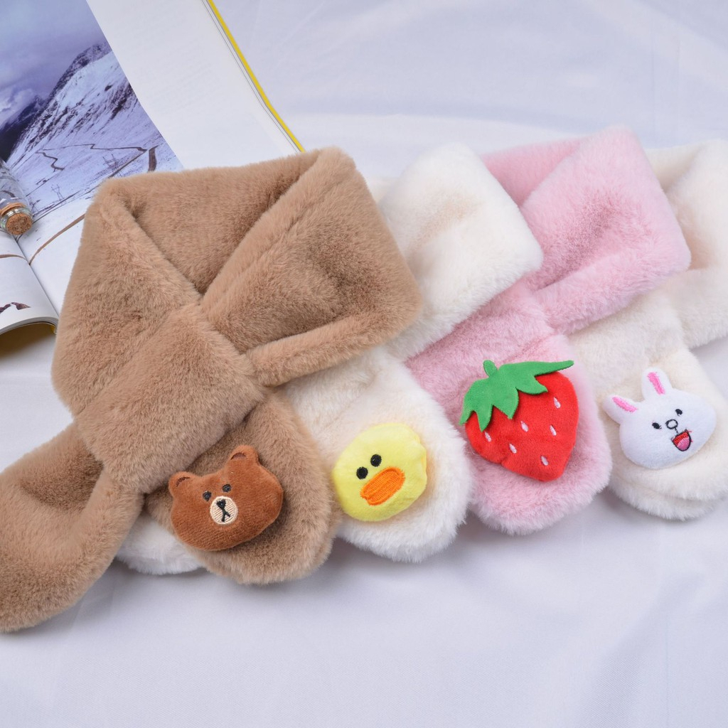 Khăn quàng cổ, khăn choàng cổ lông thỏ nhân tạo gắn họa tiết dễ thương cho bé trai bé gái từ 1 đến 12 tuổi