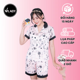 Bộ Đồ Ngủ Nữ Vilady Chất Lụa Pháp Quần Đùi Tay Cộc Hoạ Tiết Hình Học Ngộ Nghĩnh Đáng Yêu