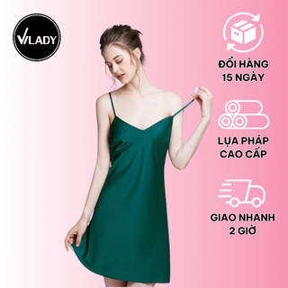Váy Ngủ Nữ Vilady Lụa Pháp Dáng Suông Hoạ Tiết Trơn Màu Xanh Rêu Chất Liệu Cao Cấp Bền Lâu