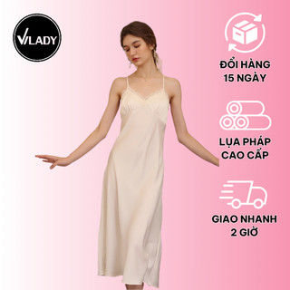 Đầm Ngủ Váy Ngủ Vilady Màu Trắng Gạo Phối Ren Cao Cấp Đường May Đặc Trưng Tỉ Mỉ Bền Lâu
