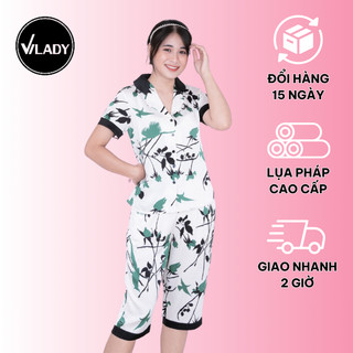 Bộ Đồ Pyjama Mặc Nhà Nữ VILADY Chất Liệu Lụa Pháp Cao Cấp Quần Lửng Tay Cộc Họa Tiết Chim Màu Xanh Thanh Lịch B143