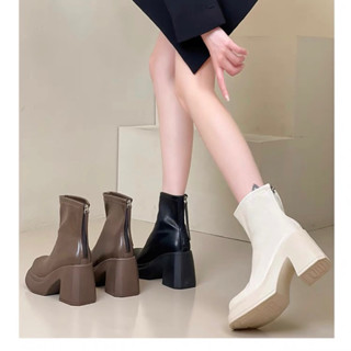   Có Sẵn  Bốt nữ cổ ngắn ôm chân đế dày cao 9cm có khoá kéo 