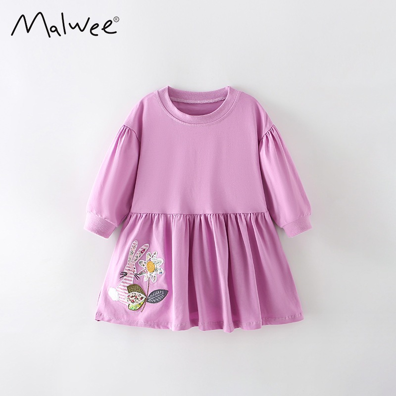 Mã 8904 váy đầm dài tay Malwee cho bé gái màu tím thêu đắp hình thỏ và hoa cực đẹp