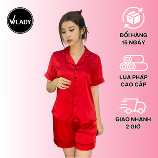 Bộ Đồ Pyjama Mặc Nhà Nữ Vilady Lụa Latin Cao Cấp Quần Đùi Tay Cộc Hoạ Tiết Trơn Màu Đỏ Form Chuẩn Gọn Gàng