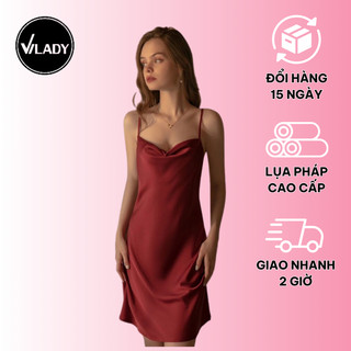 Váy Ngủ Nữ 2 Dây Vilady Làm Từ Lụa Pháp Màu Đen Thiết Kế Cổ Đổ Tôn Dáng Thu Hút Đường May Chắc Chắn