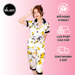 Bộ Đồ Pyjama Nữ Vilady Quần Lửng Tay Cộc Chất Liệu Lụa Pháp Cao Cấp Hoạ Tiết Hoa Lá Màu Vàng Tinh Tế