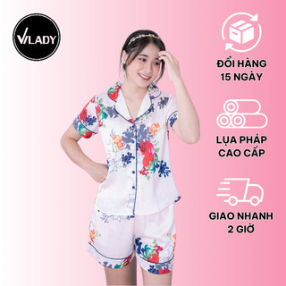 Bộ Đồ Pyjama Mặc Nhà Nữ Vilady Lụa Pháp Cao Cấp Quần Đùi Tay Cộc Họa Tiết Hoa Dễ Thương Trẻ Trung
