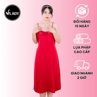 Đầm Váy Ngủ Lụa Pháp Cao Cấp Phối Ren Ngực Lưng Xẻ Đùi Hai Bên Hoạ Tiết Trơn Màu Đỏ Đô Quý Phái