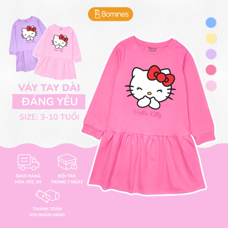 Váy bé gái mùa thu tay dài Hello Kitty BOMINES dễ thương, thun cotton cho bé gái 3- 12 tuổi, 12- 36kg DTDKITTYCUOI