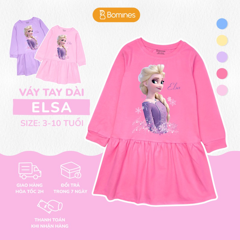 Váy bé gái mùa thu tay dài Elsa Bomines, đầm thun cotton mềm mịn cho bé từ 3- 12 tuổi khoảng 12- 36kg DTDELSATIM