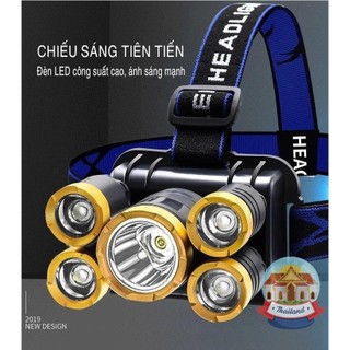 Đèn pin đội đầu đeo trán 5 bóng t6 siêu sáng kèm pin cộng sạc siêu chống nước