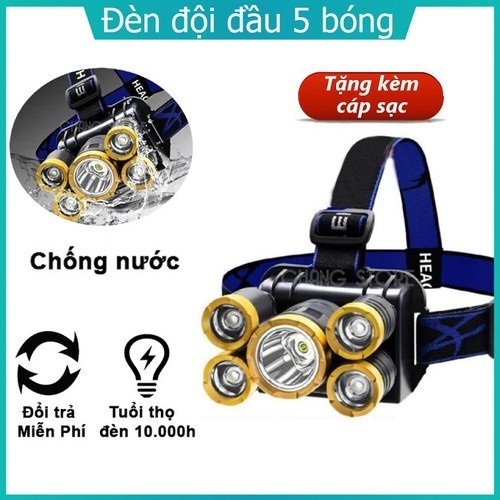 Đèn Pin Đội Đầu Đeo Trán 5 Bóng T6 Siêu Sáng Kèm Pin Cộng Sạc Siêu Chống Nước