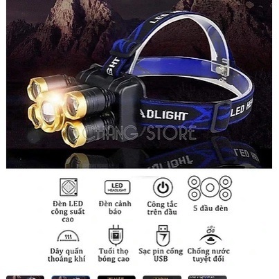Đèn Pin Đội Đầu Đeo Trán 5 Bóng T6 Siêu Sáng Kèm Pin Cộng Sạc Siêu Chống Nước