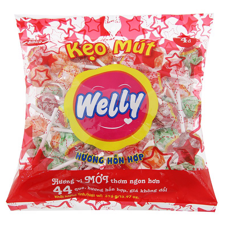 Kẹo mút Welly Bibica hương trái cây hỗn hợp túi 44 que và hủ 66 que
