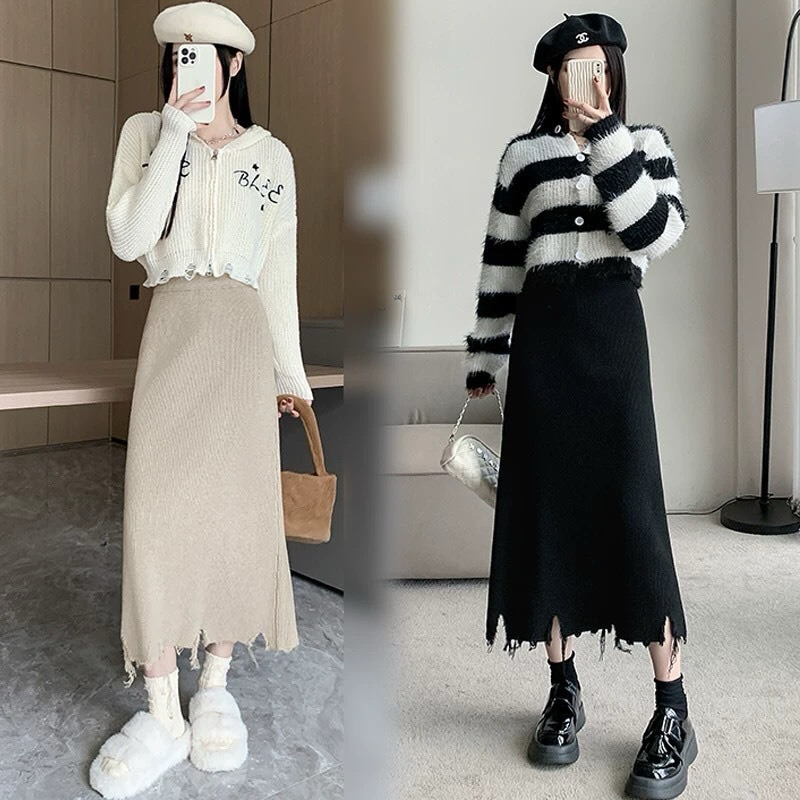 Chân Váy Len Dáng Dài Rách Gấu Tua Rua Hàng QC Cao Cấp