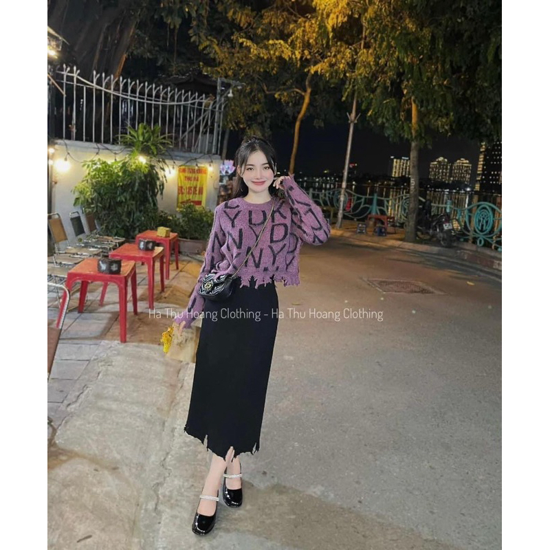 Set Áo Len Chữ Mix Chân Váy Len Dáng Dài Rách Tua Rua