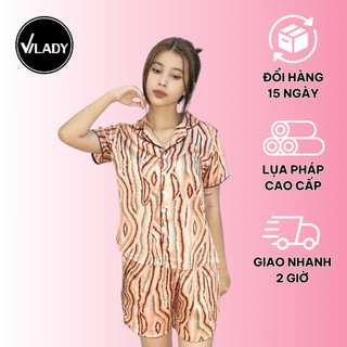 Bộ Đồ Pyjama Mặc Nhà Nữ Vilady Lụa Pháp Cao Cấp Quần Đùi Tay Cộc Họa Tiết Vằn Nâu Lịch Sự Không Phai Màu
