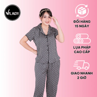 Bộ Đồ Pyjama Mặc Nhà Nữ Vilady Lụa Pháp Cao Cấp Tay Cộc Quần Dài Họa Tiết Ziczac Đen Thanh Lịch Hiện Đại