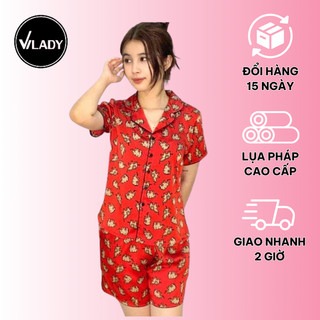 Bộ Đồ Pyjama Mặc Nhà Nữ Vilady Lụa Pháp Cao Cấp Quần Đùi Tay Cộc Họa Tiết Con Voi Màu Đỏ Dễ Thương Sợi Vải Thoáng Khí