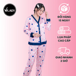 Bộ Đồ Pyjama Mặc Nhà Nữ Vilady Cổ Chữ V Chất Lụa Pháp Cao Cấp Áo Quần Dài Họa Tiết Trái Tim Chấm Bi Màu Hồng Trẻ Trung