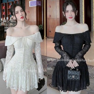 Đầm váy ren hoa dài bẹt vai nhún eo xoè chanh sả, tiểu thư Ht211