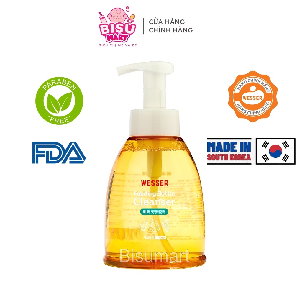 Nước Rửa Bình Sữa núm vú và phụ kiện cho bé Wesser chai 500ml Hàn Quốc
