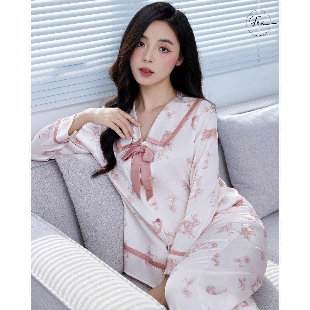 Bộ Mặc Nhà Pyjama Lụa Cao Cấp Tea Store Tay Dài Quần Dài Họa Tiết Nơ Cổ Xinh Xăn