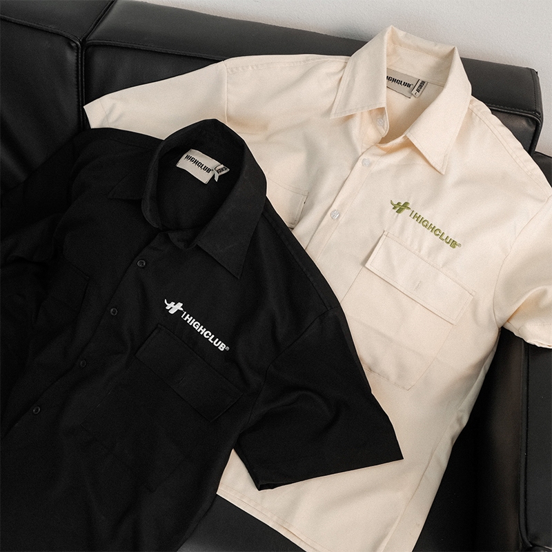 Áo Sơ Mi HIGHCLUB BOXY - Thêu logo - UNISEX - ĐEN/KEM