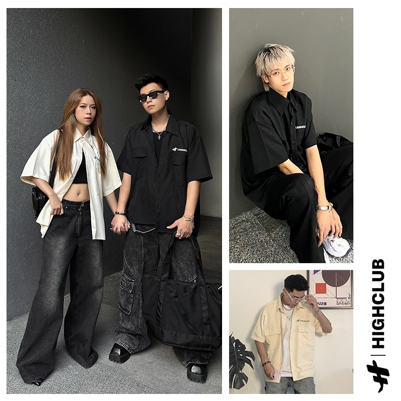 Áo Sơ Mi HIGHCLUB BOXY - Thêu logo - UNISEX - ĐEN/KEM