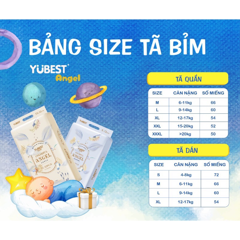 Tã/bỉm dán/ quần YUBEST ANGEL/GOLDnội địa Trung s90/m84/l78/xl72/xxl66