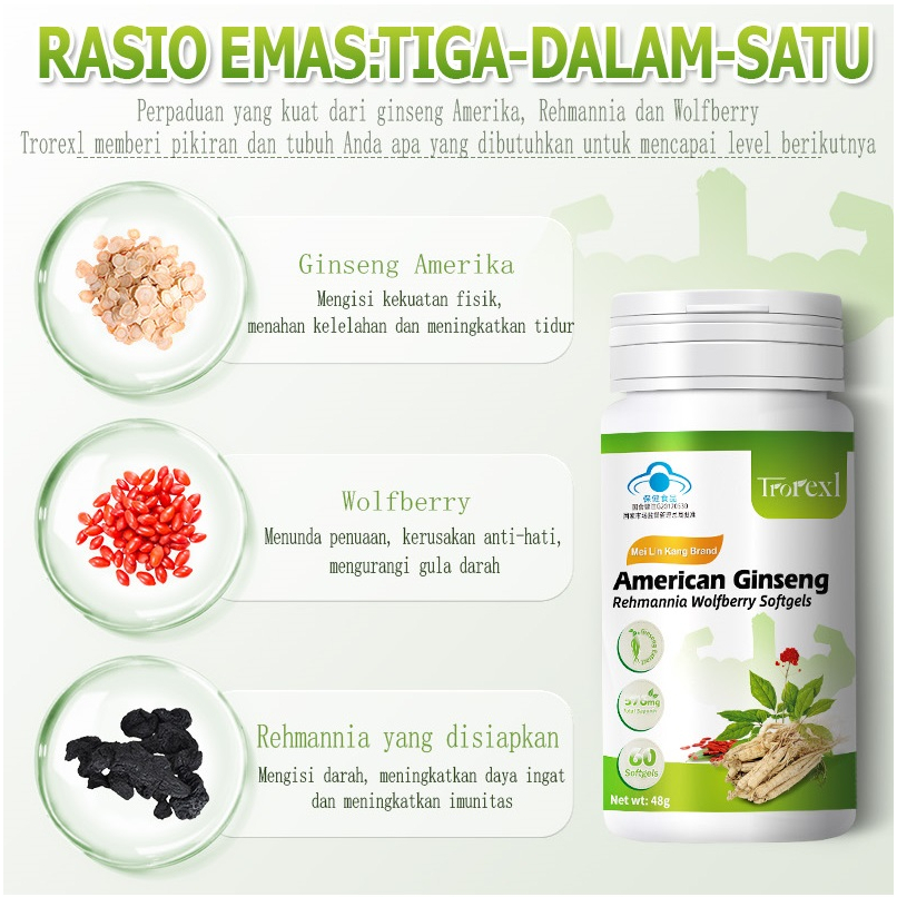 Trorex 60 viên Chiết xuất Wolfberry Viên nang nhân sâm Mỹ Giảm mệt mỏi Nuôi dưỡng bổ thận