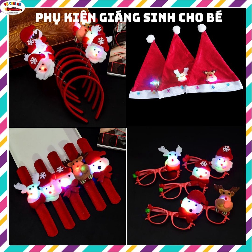 Phụ kiện Noel Bờm phát sáng, kính, mũ ông già noel