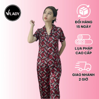Bộ Đồ Pyjama Nữ Vilady Chất Lụa Pháp Cao Cấp Quần Dài Tay Ngắn Hoạ Tiết Hình Thoi Màu Đỏ Thiết Kế Thanh Lịch