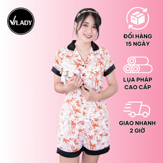 Bộ Đồ Ngủ Pyjama Vilady Chất Liệu Lụa Pháp Hoạ Tiết Lá Tre Màu Cam Thoáng Mát Sử Dụng Trong Mùa Hè