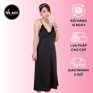 Váy Ngủ Vilady Vải Lụa Pháp Cao Cấp Phối Ren Ngực Màu Đen Tuyền Quyến Rũ Huyền Bí