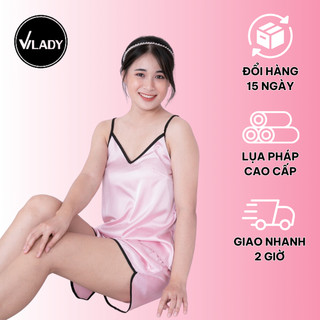 Đồ ngủ nữ 2 dây mặc nhà dễ thương VILADY chất liệu Lụa Pháp mềm mát áo hai dây quần cộc Màu Hồng ruốc dễ thương B122