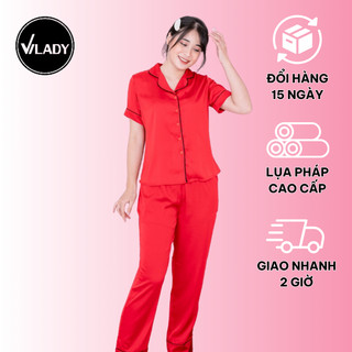 Bộ Đồ Ngủ Nữ Pyjama Vilady Màu Đỏ Rượu Vang Chất Lụa Pháp Có Cổ Vest Truyền Thống Lịch Sự Trẻ Trung