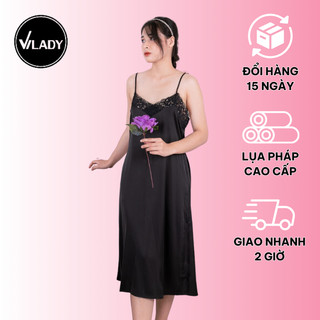 Váy Ngủ Vilady Vải Lụa Pháp Cao Cấp Chất Lụa Cao Cấp 2 Dây Chéo Màu Đen Tuyền Quyến Rũ Huyền Bí