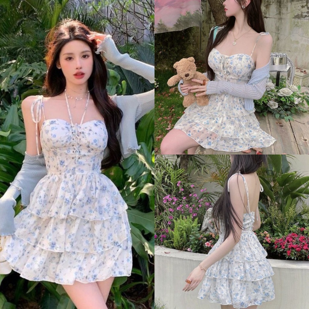 Váy hoa nhí - Đầm 2 dây thiết kế 3 tầng mix áo Cardigan chất lụa Quảng Châu có mút ngực sam_sam_shop_1011