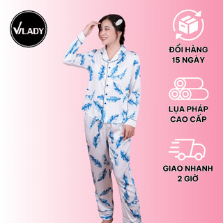 Bộ Đồ Pyjama Mặc Nhà Nữ Vilady Quần Dài Tay Dài Họa Tiết Lá Màu Xanh Đơn Giản Lịch Sự
