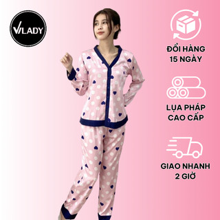 Bộ Đồ Pyjama Mặc Nhà Nữ Vilady Chất Liệu Lụa Pháp Cao Cấp Hoạ Tiết Hình Trái Tim Đáng Yêu Tạo Cảm Giác Thoải Mái