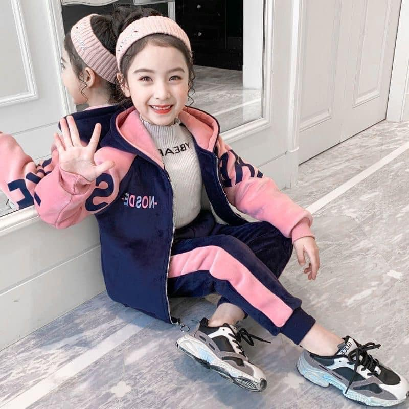 Đồ bộ bé gái bộ nỉ nhung lót lông áo dài tay kèm mũ quần dài giữ ấm mùa thu đông hcom621