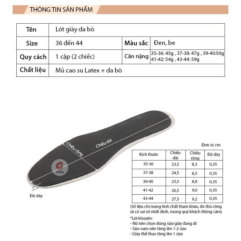 Lót giày da bò khử mùi, chống hôi chân