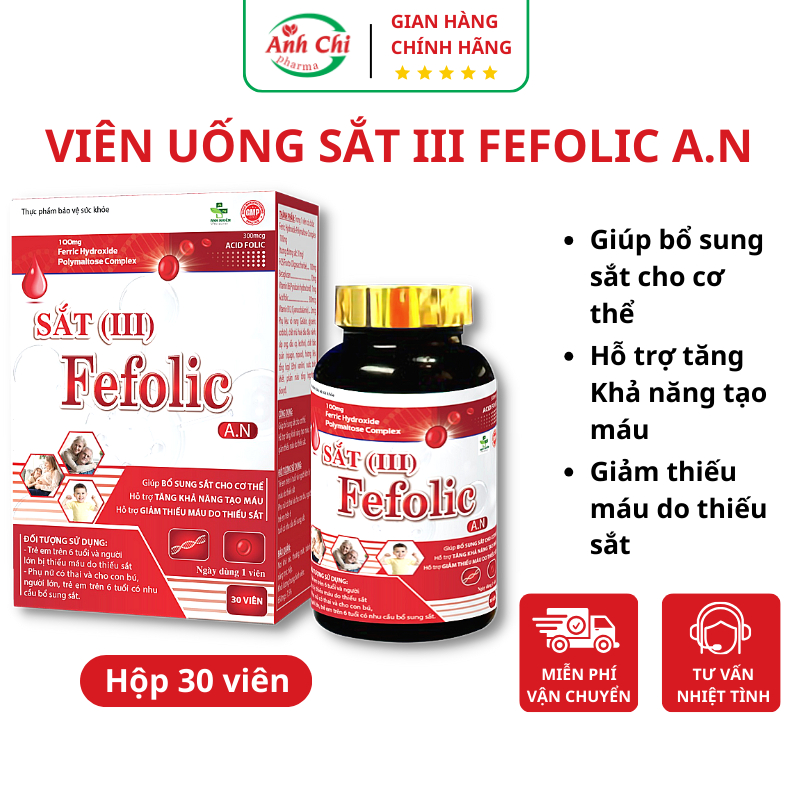 Viên uống bổ sung sắt III Fefolic A.N hỗ trợ  giảm thiếu máu do thiếu sắt lọ 30 viên Anh Chi Pharma