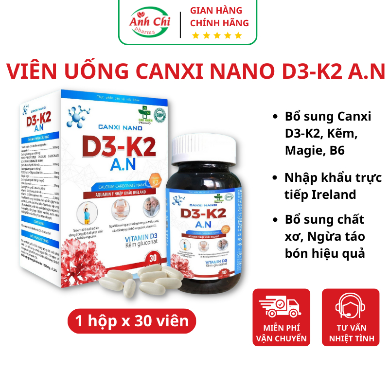 Viên uống Canxi Nano D3-K2 A.N lọ 30 viên, thực phẩm chức năng hỗ trợ xương khớp giúp xương chắc khoẻ Anh Chi Pharma