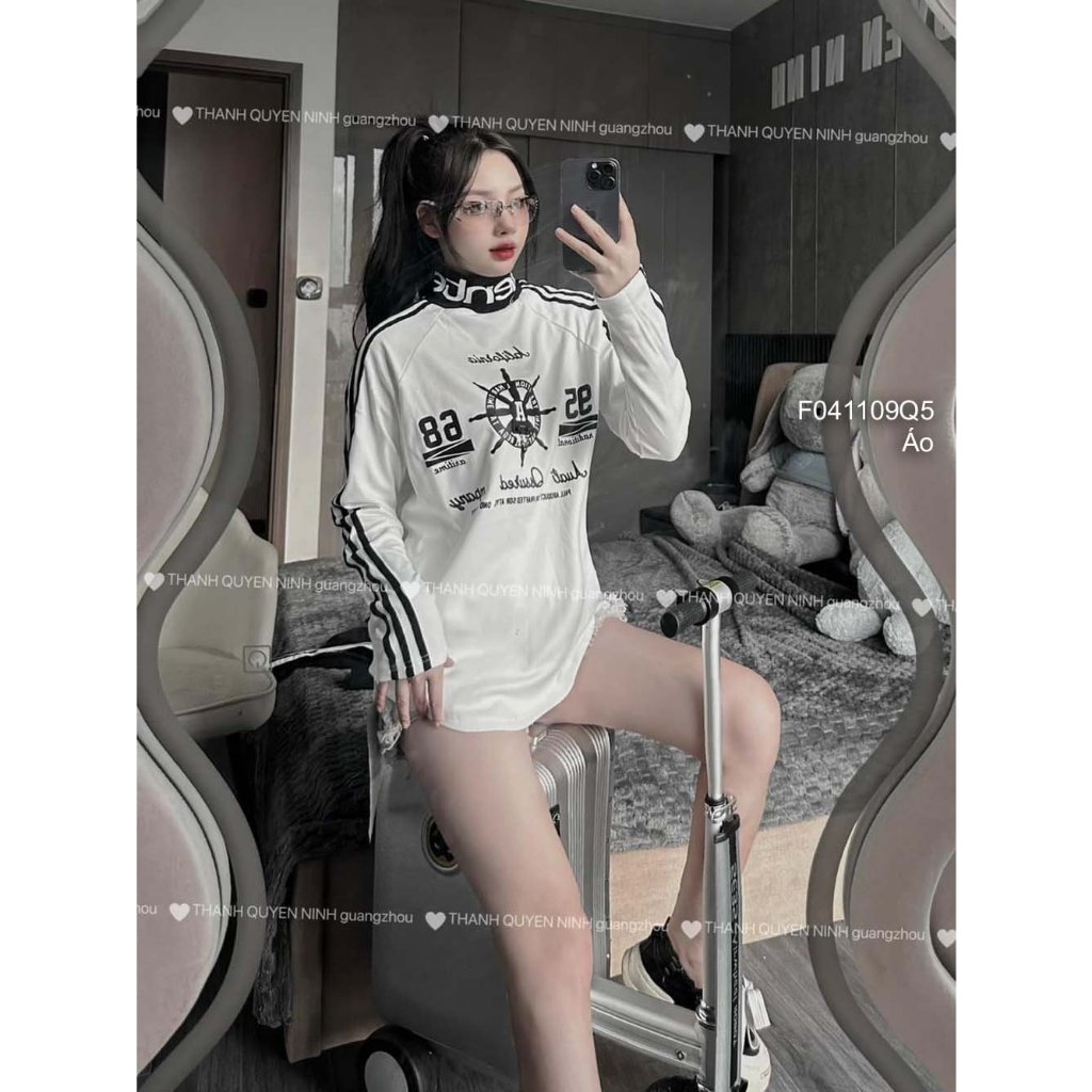 Áo thun phối màu họa tiết tay dài phối viền sọc!