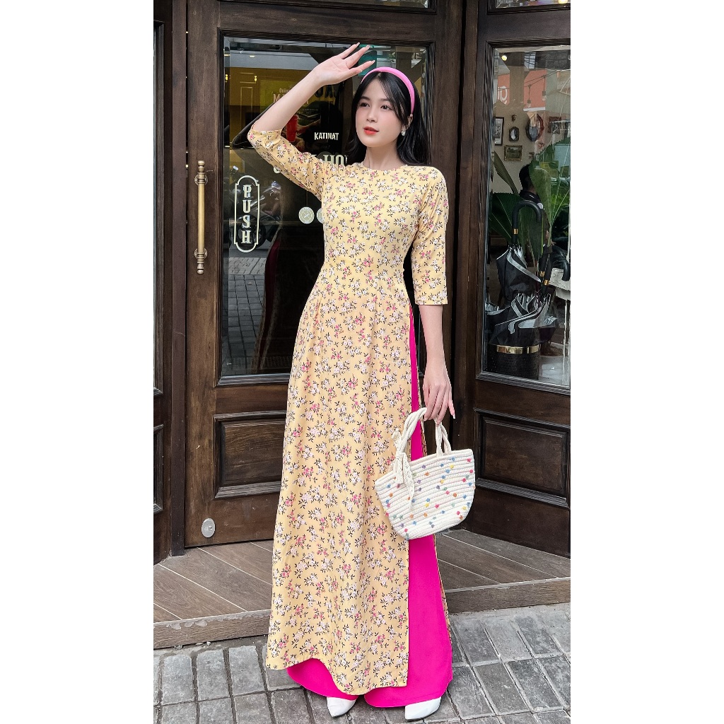 Áo dài hoa nhí tay lỡ AD032- Khánh Linh Style - Lady Fashion